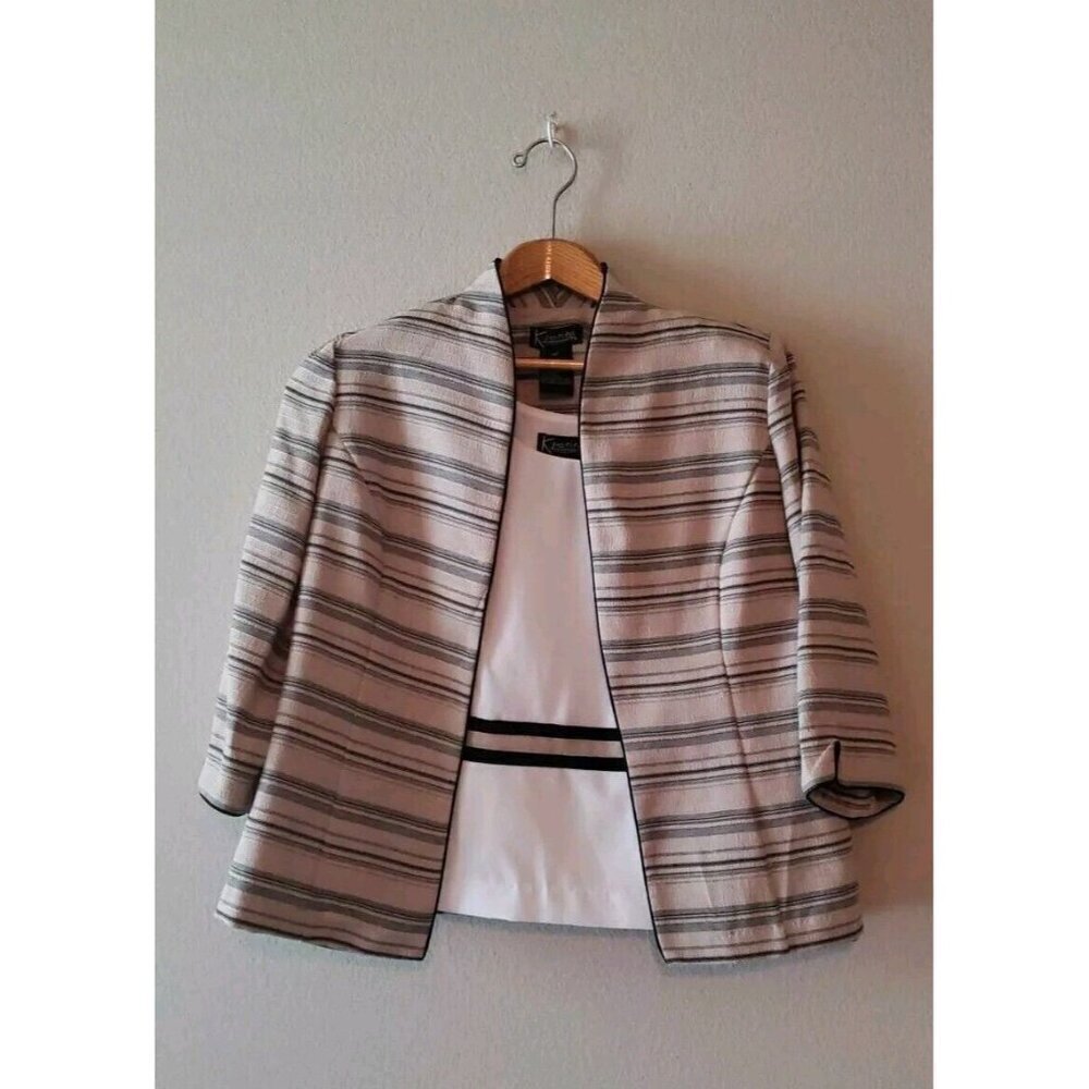 Women's 2 Piece Set K Petite Collection Black Tan White Blouse Blazer Size 14P